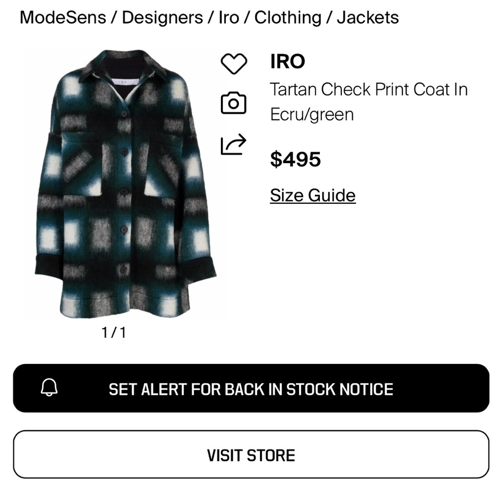 IRO Paris Tartan Check Print Coat in Ecru/Green never worn, originally $495